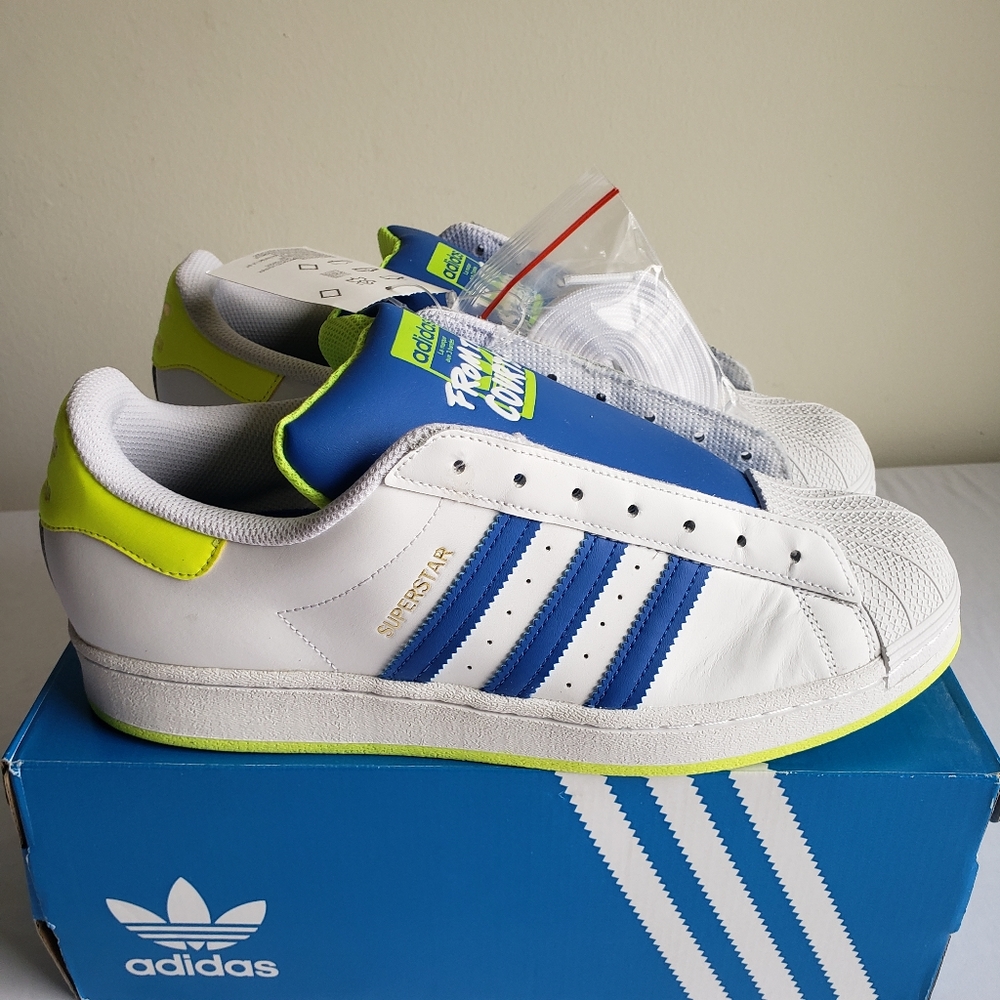 Adidas Superstar Laceless. White/blue/yellow. Mens size 11.5
